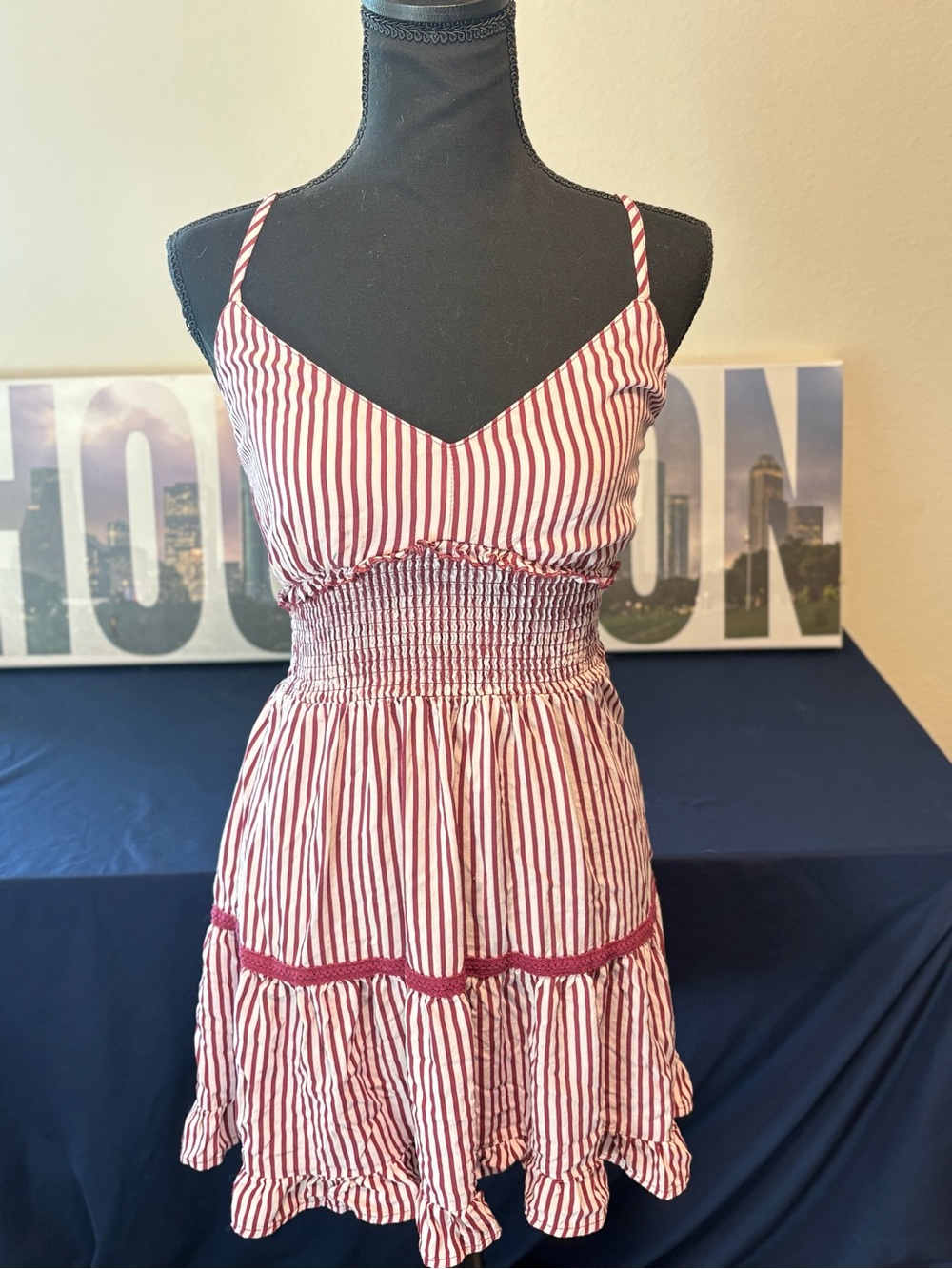 No Boundaries Red and White Striped Smocked Waist Spaghetti Strap Mini Dress